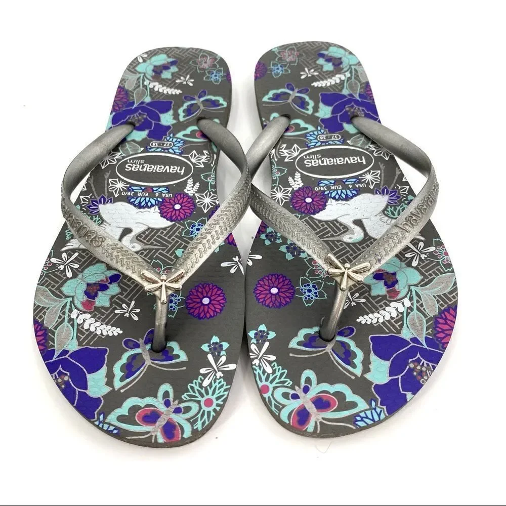 Havaianas gray and teal butterfly flip flops size 6 (37/38)